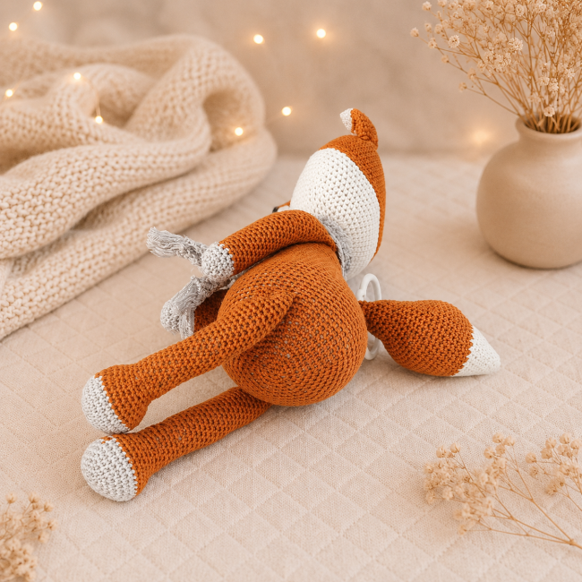 Boîte à musique renard artisanal allongé en crochet Renard en crochet artisanal allongé, coton 4/8, écharpe amovible