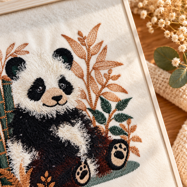 Broderie de panda entouré de bambous et feuillages végétaux