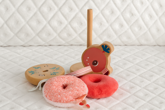 Jouet empilable Lilliputiens en bois et tissu – tête d’oiseau rose, anneaux colorés