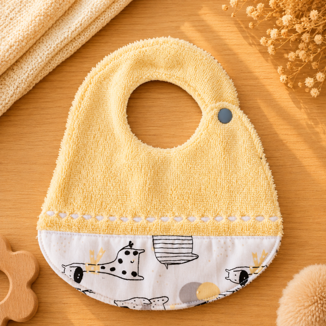 Bavoir artisanal bébé T2 côté coton imprimé animaux Bavoir artisanal bébé T2 en fibre de bambou jaune pastel très absorbant