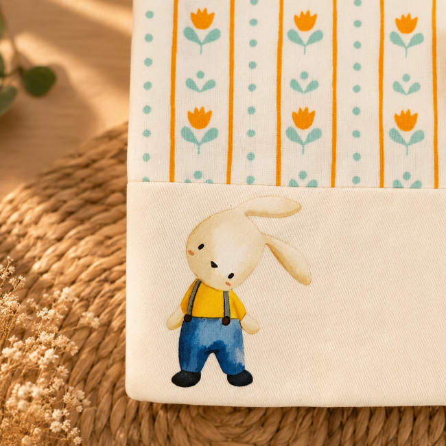 Détail du petit lapin jaune et bleu sur le protège-carnet de santé artisanal