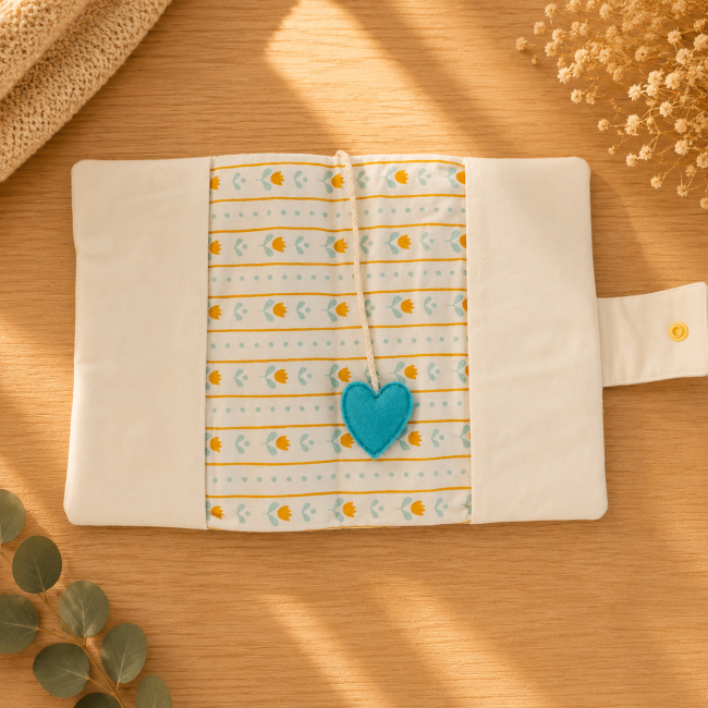 Protège-carnet de santé bébé ouvert avec tissu fleuri et marque-page cœur turquoise