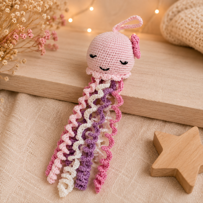 Pieuvre artisanale au crochet rose blanc et violet de 28 cm