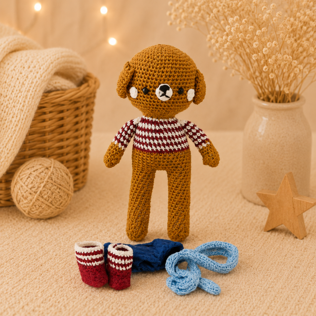 Poupée chien au crochet avec vêtements amovibles posés devant dans une ambiance douce