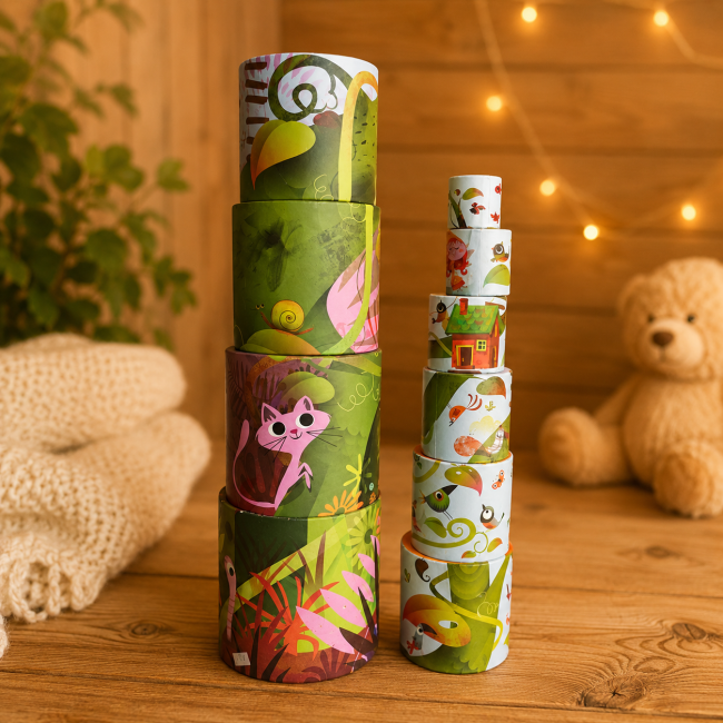 Jeu Janod de boîtes cylindriques à empiler avec illustrations colorées