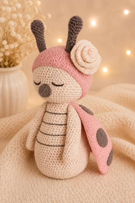 Peluche coccinelle crochet beige et rose décoration douce pour bébé
