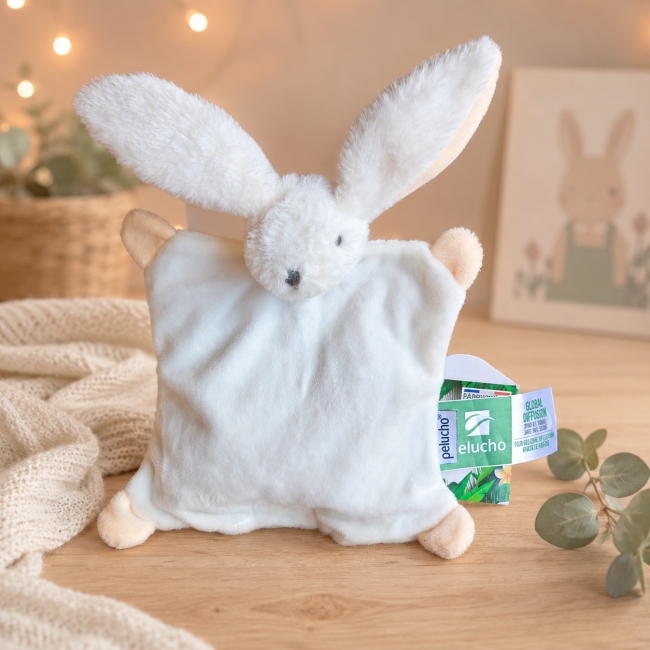 Doudou bouillotte lapin Pelucho blanc neuf fabriqué en France vue de face