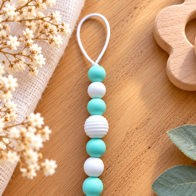 Boucle blanche et perles rondes en silicone vert et blanc avec une perle blanche striée.