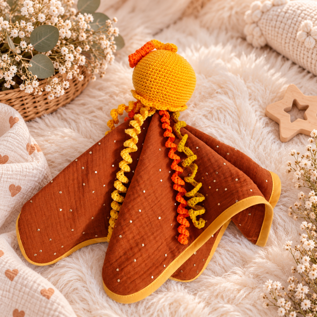 Pieuvre artisanale au crochet vue de dos avec tissu doublé marron à pois brillants