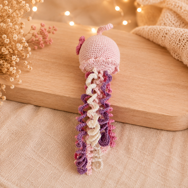Pieuvre artisanale rose au crochet vue de dos avec tentacules colorés