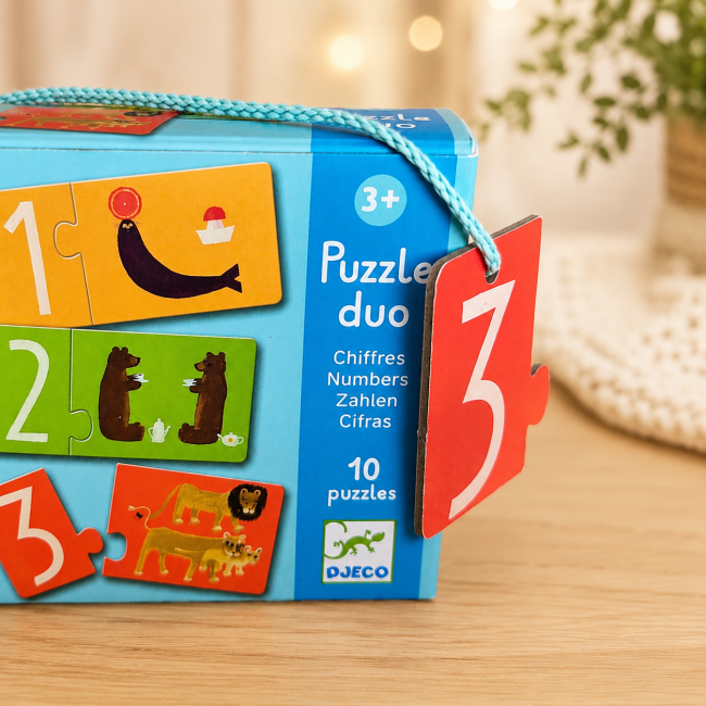 Côté de la boîte Puzzle Duo Chiffres DJECO avec 3+ et 10 puzzles