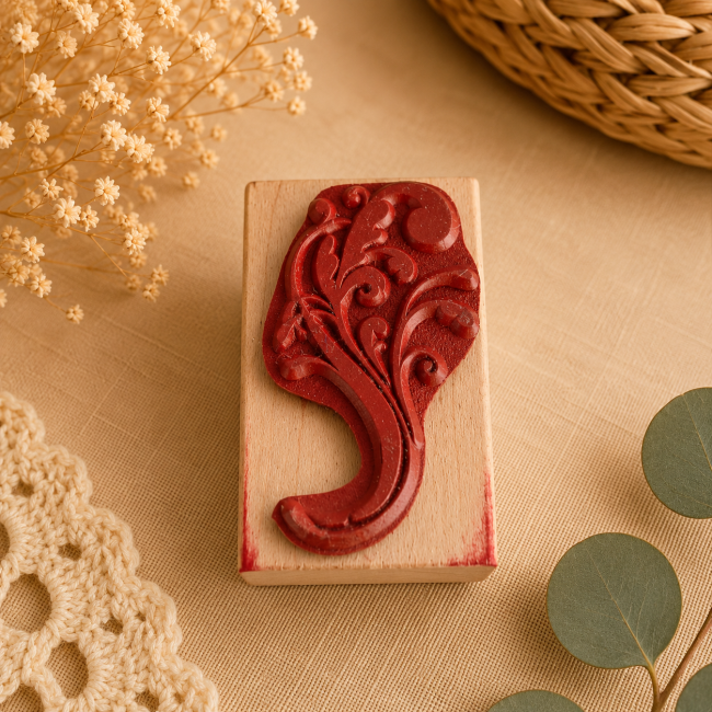 Tampon Memory Box – motif floral et arabesques Tampon Memory Box en bois avec motif décoratif en caoutchouc rouge
