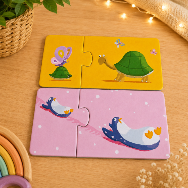 Puzzles deux pièces tortues et pingouins aux illustrations colorées