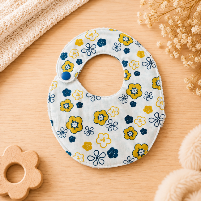 Dos du bavoir artisanal bébé T1 en coton fleuri jaune et bleu