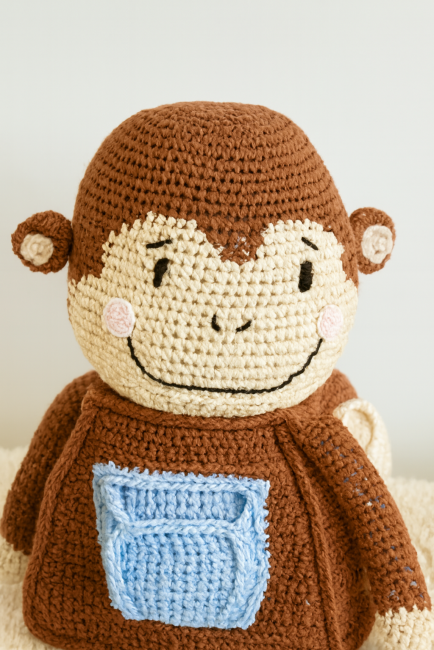 Peluche singe en crochet artisanale avec visage expressif et poche bleue décorative