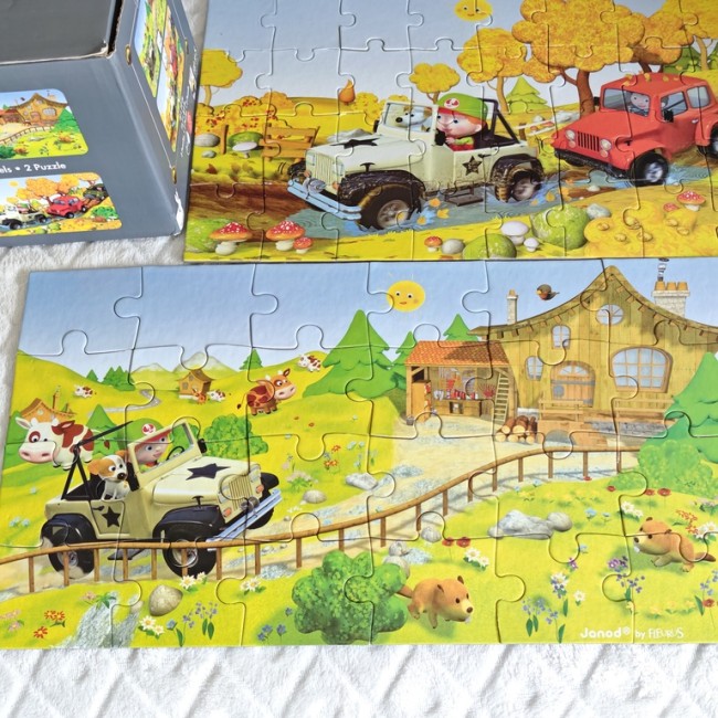 Boîte puzzles Janod Les 4x4 de Jack – 24 et 36 pièces Boîte Janod Les 4x4 de Jack – coffret de 2 puzzles 24 et 36 pièces, seconde main soignée.