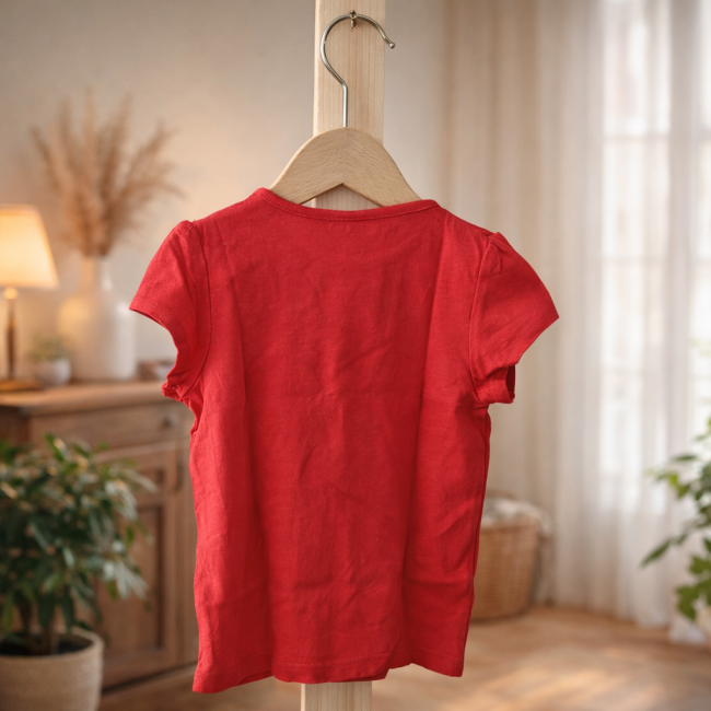 T-shirt bébé rouge – présentation dos T-shirt bébé rouge vu de dos, suspendu sur cintre dans une pièce lumineuse et chaleureuse.