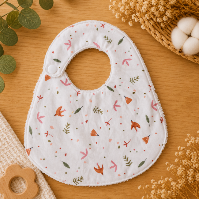 Bavoir bébé T2 côté imprimé avec oiseaux, feuilles et fleurs dans des tons rose et terracotta