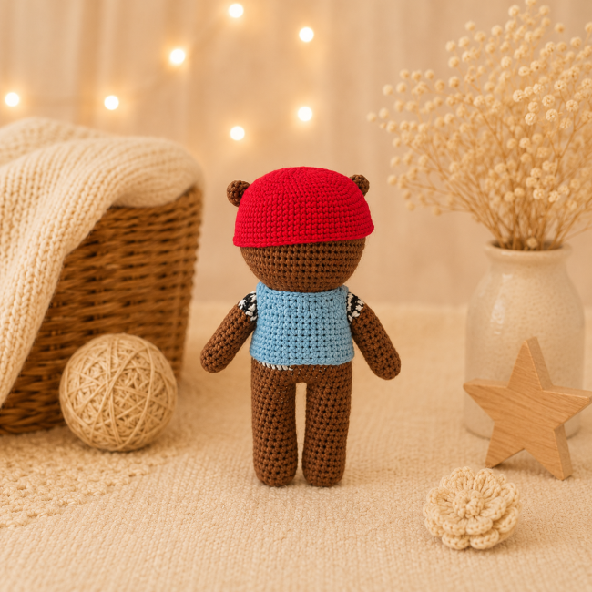Vue arrière d’un ours en crochet avec casque rouge et pull rayé bleu et blanc 