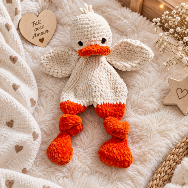 Détail du visage du doudou canard Détail du visage du doudou canard artisanal au crochet