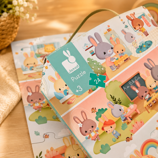 Boîte du puzzle Janod 24 pièces avec poignée de transport coin légèrement abîmé