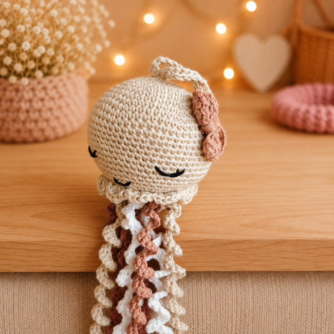 Gros plan sur une méduse amigurumi au crochet aux couleurs beige, blanc et marron
