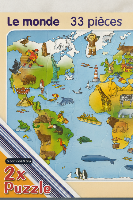 Puzzle éducatif enfant – Carte du monde avec animaux et icônes culturelles – 33 pièces