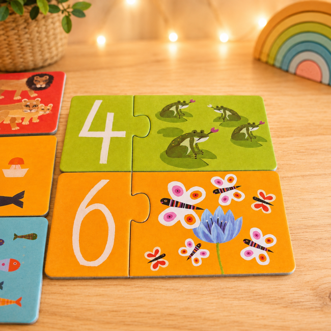 Détail des puzzles chiffres DJECO avec illustrations grenouilles et papillons