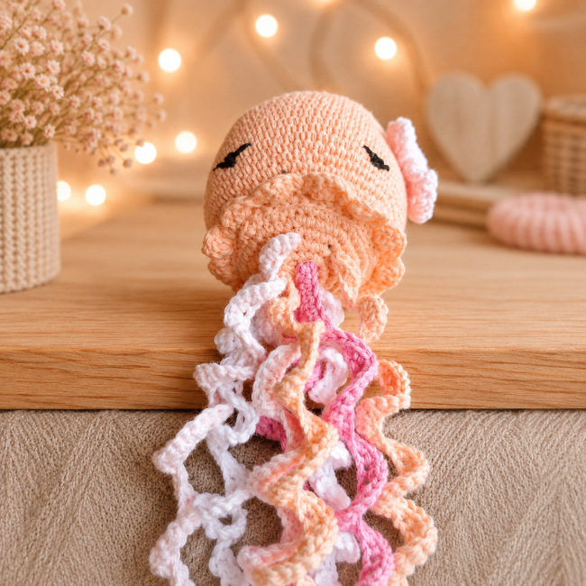 Pieuvre en crochet aux couleurs pastel, posé sur fond chaleureux avec roses et lumière tamisée