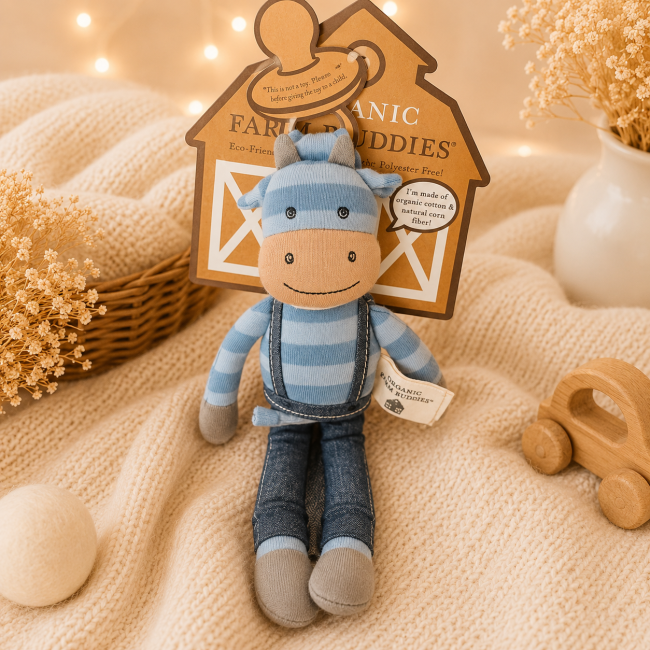 Gros plan du doudou vache bleue Mr Moo en coton bio pour bébé avec grelot intérieur