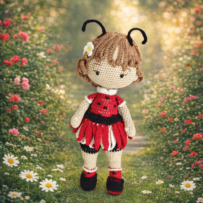 Poupée coccinelle crochetée en coton, debout dans un jardin fleuri avec lumière naturelle et ambiance poétique.