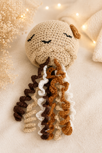 Méduse amigurumi beige avec tentacules spiralées dans une ambiance lumineuse et apaisante
