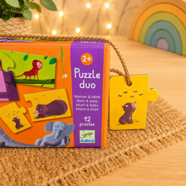 Côté de la boîte Puzzle Duo Maman et Bébé DJECO avec 12 puzzles