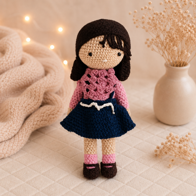 Poupée amigurumi faite main – Tenue bleu marine et rose Grande poupée amigurumi au crochet vêtue d'une robe bleu marine et d'un châle rose, création artisanale.