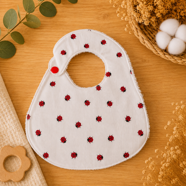 Bavoir bébé T2 côté tissu blanc imprimé de petites coccinelles rouges et noires