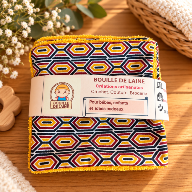Lot de 6 lingettes lavables en bambou artisanales avec poche de maintien