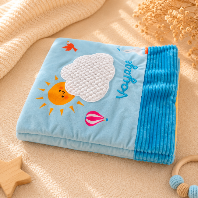 Détail du livre d'éveil en tissu bleu avec nuage texturé et motif Voyage