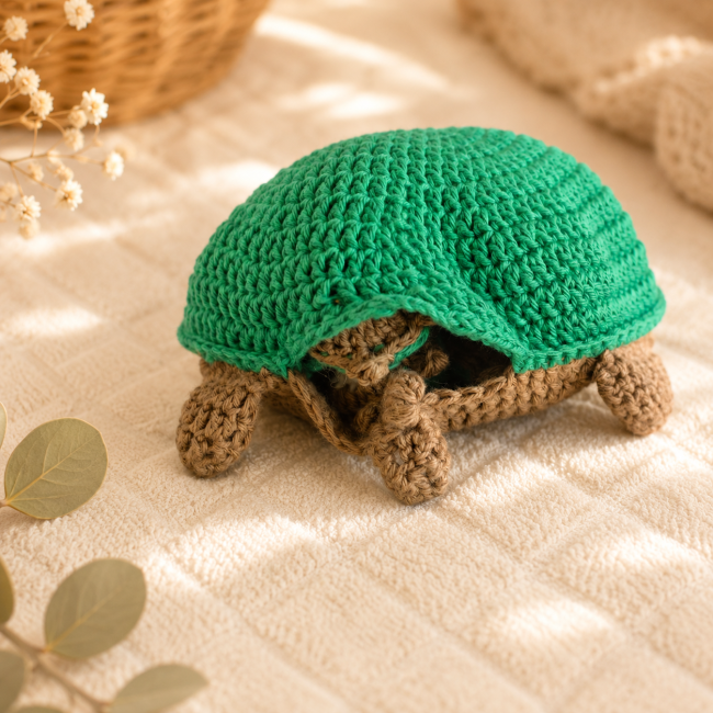 Tortue crochet cachette – Jouet artisanal bébé Tortue crochetée verte et brune posée sur une surface blanche