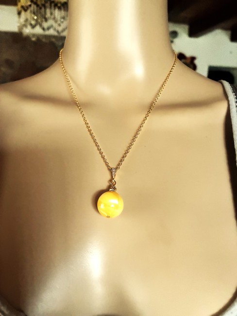 Ambre jaune pendentif perle ronde 18mm collier chaîne 50 cm en acier inoxydable doré bijou femme homme, collier ambre, bracelet ambre, boucles oreilles ambre, ambre véritable, bijoux marie c