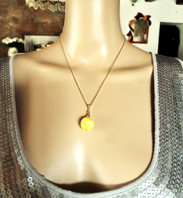 Ambre jaune pendentif perle ronde 18mm collier chaîne 50 cm en acier inoxydable doré bijou femme homme, collier ambre, bracelet ambre, boucles oreilles ambre, ambre véritable, bijoux marie c