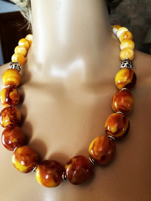 Ambre marbré orange/jaune et ambre jaune superbe collier long 58 cm grosses perles bijou femme, collier ambre, bracelet ambre, boucles oreilles ambre, Ambre bijoux marie c