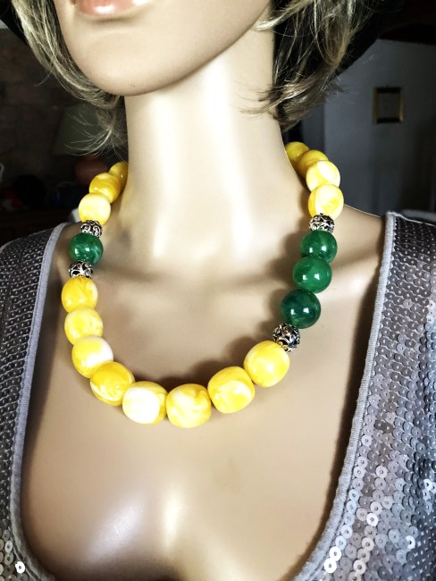 Bijou ambre, collier femme, bijoux gemme, collier ambre, ambre véritable, collier grosse perle en ambre, collier ambre jaune clair et verte