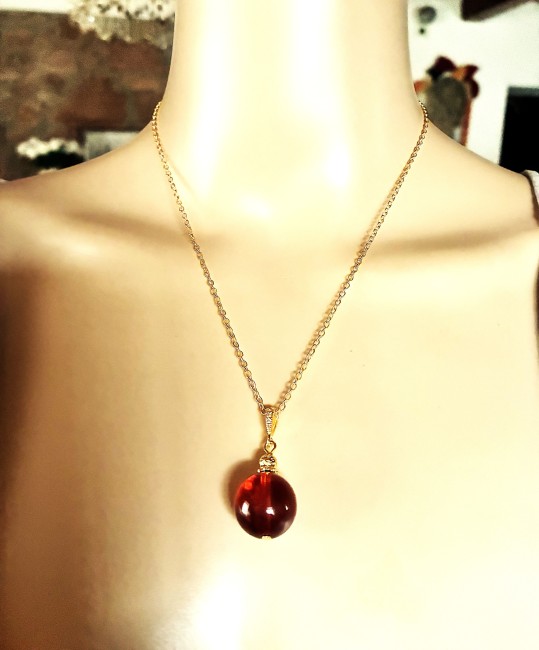 Ambre cognac pendentif perle ronde 16mm collier chaîne 45 cm en acier inoxydable doré bijou femme homme, collier ambre, bracelet ambre, boucles oreilles ambre, ambre véritable, ambre bijoux marie c