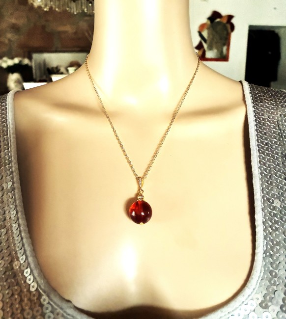 Ambre cognac pendentif perle ronde 16mm collier chaîne 45 cm en acier inoxydable doré bijou femme homme, collier ambre, bracelet ambre, boucles oreilles ambre, ambre véritable, ambre bijoux marie c