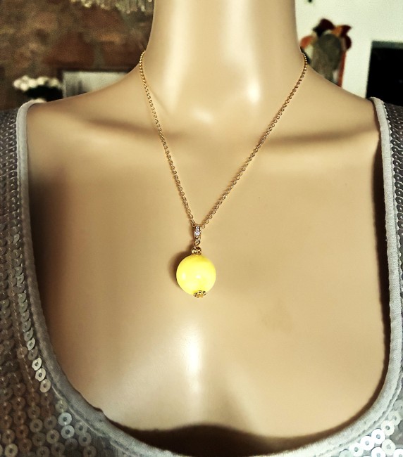 Ambre jaune pendentif perle ronde 16mm collier chaîne 45 cm en acier inoxydable doré bijou femme homme, collier ambre, bracelet ambre, boucles oreilles ambre, ambre véritable, ambre bijoux marie c