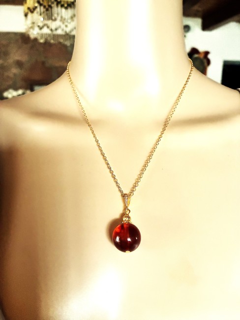Ambre cognac pendentif perle ronde 16mm collier chaîne 45 cm en acier inoxydable doré bijou femme homme, collier ambre, bracelet ambre, boucles oreilles ambre, ambre véritable, ambre bijoux marie c