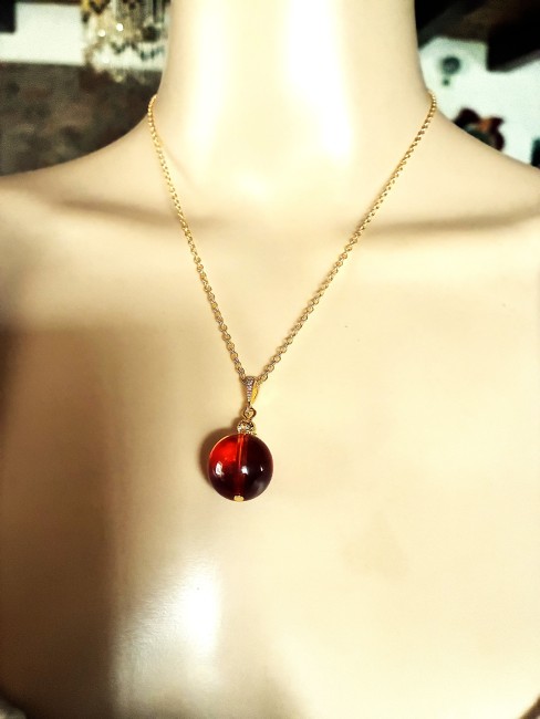 Ambre cognac pendentif perle ronde 16mm collier chaîne 45 cm en acier inoxydable doré bijou femme homme, collier ambre, bracelet ambre, boucles oreilles ambre, ambre véritable, ambre bijoux marie c
