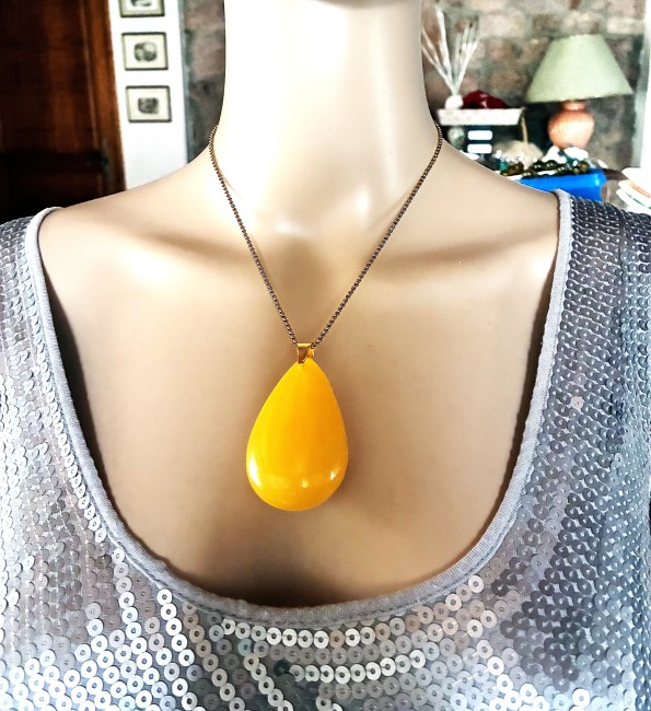 Ambre jaune pendentif en forme de poire 6mm sur 3,5mm collier chaîne doré 60 cm en acier inoxydable bijou femme homme