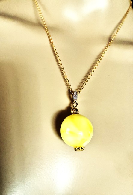 Ambre jaune pendentif perle ronde 16mm collier chaîne 45 cm en acier inoxydable doré bijou femme homme, collier ambre, bracelet ambre, boucles oreilles ambre, ambre véritable, ambre bijoux marie c