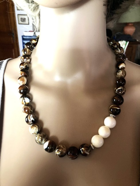 Ambre brun/blanc très marbré et ambre blanc collier long 56 cm, perles de 12mm Bijou femme, collier ambre, bracelet ambre, boucles oreilles ambre, collier femme, Ambre Bijoux marie c